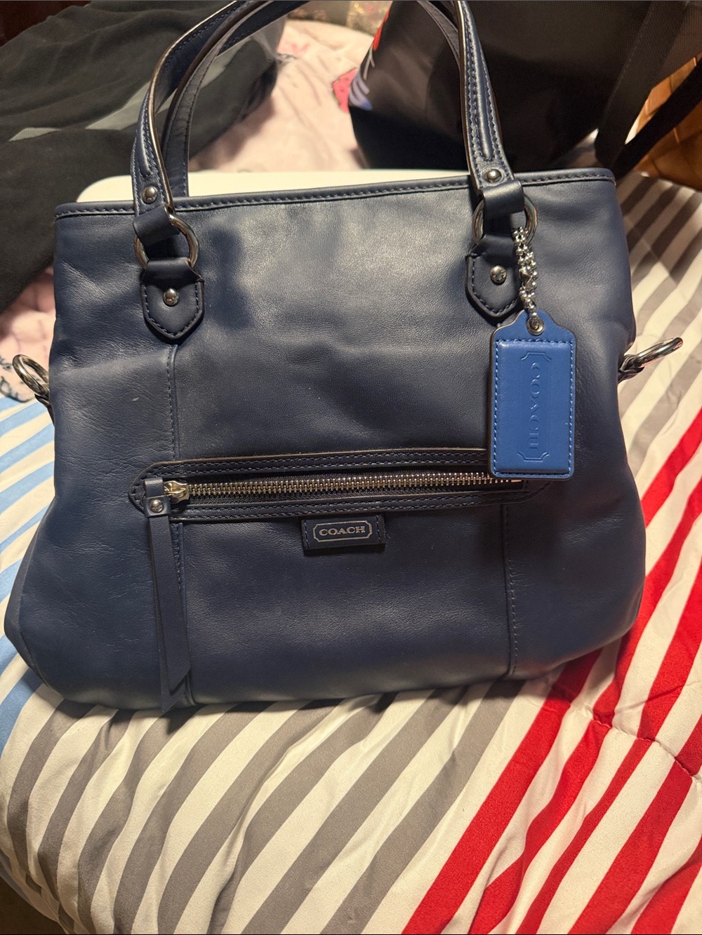 Coach Blue Leather Shoulder Tote with Accent Tag